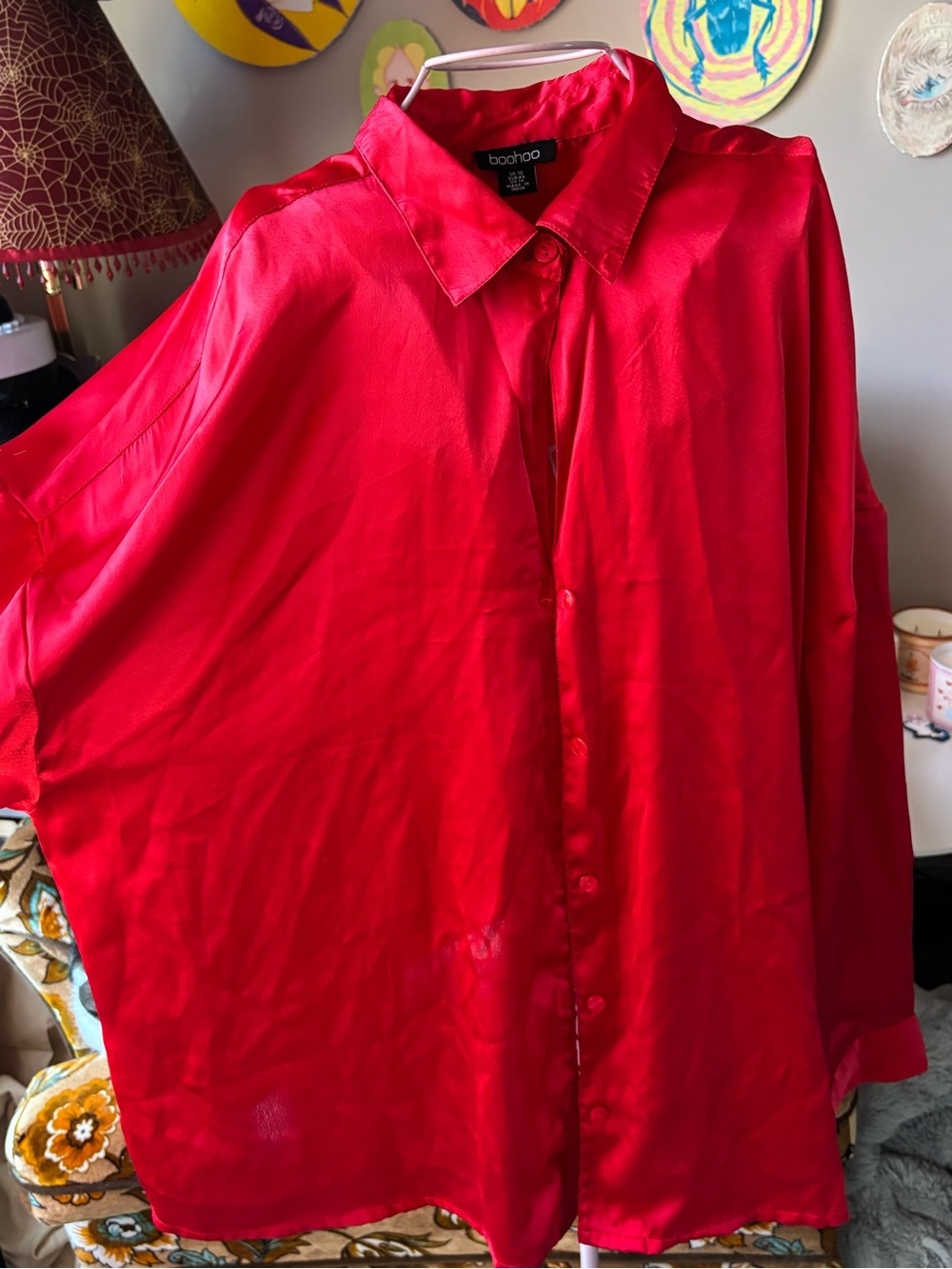 boohoo Satin Oversized Long Sleeve Button-Down Shirt red Medium